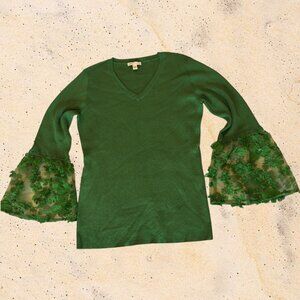 Cato Plus 18/20W Hunter Green Lightweight Sweater Embroidered Mesh Flared Sleeve